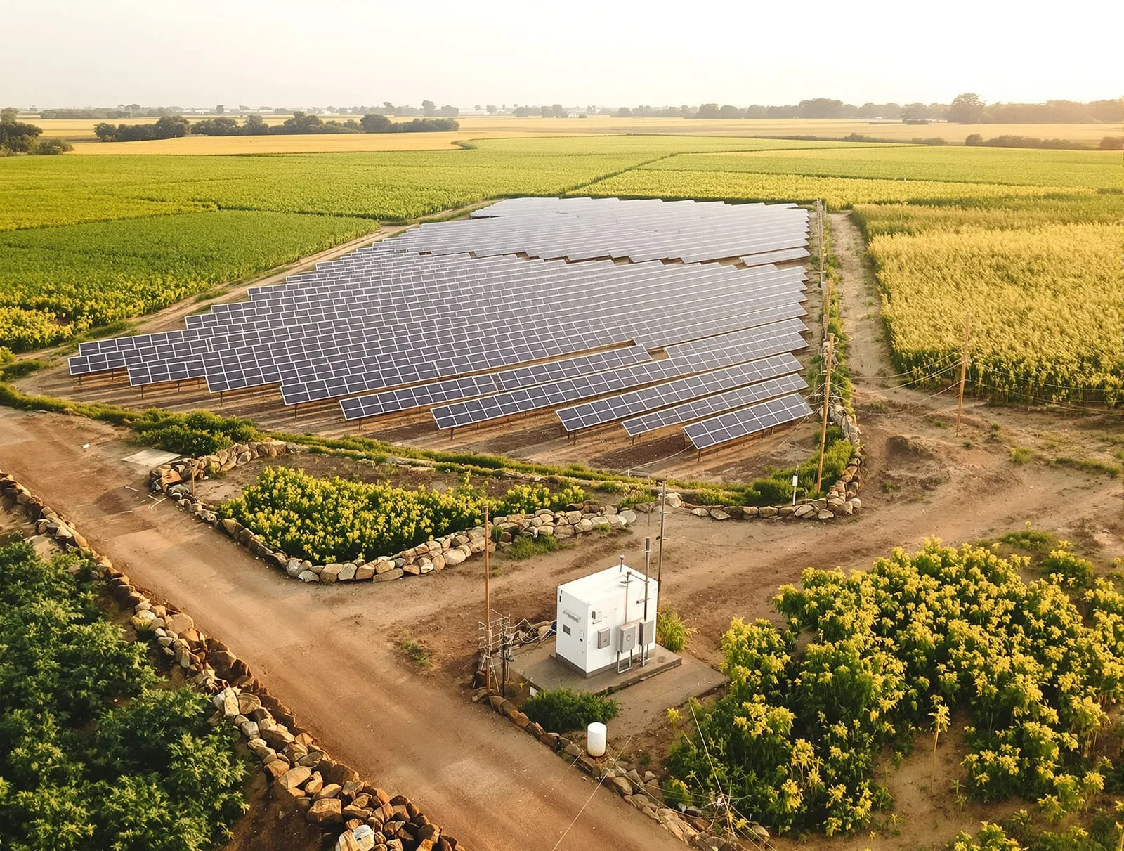 Illustrative image: a grid-connected solar plant beside farm fields