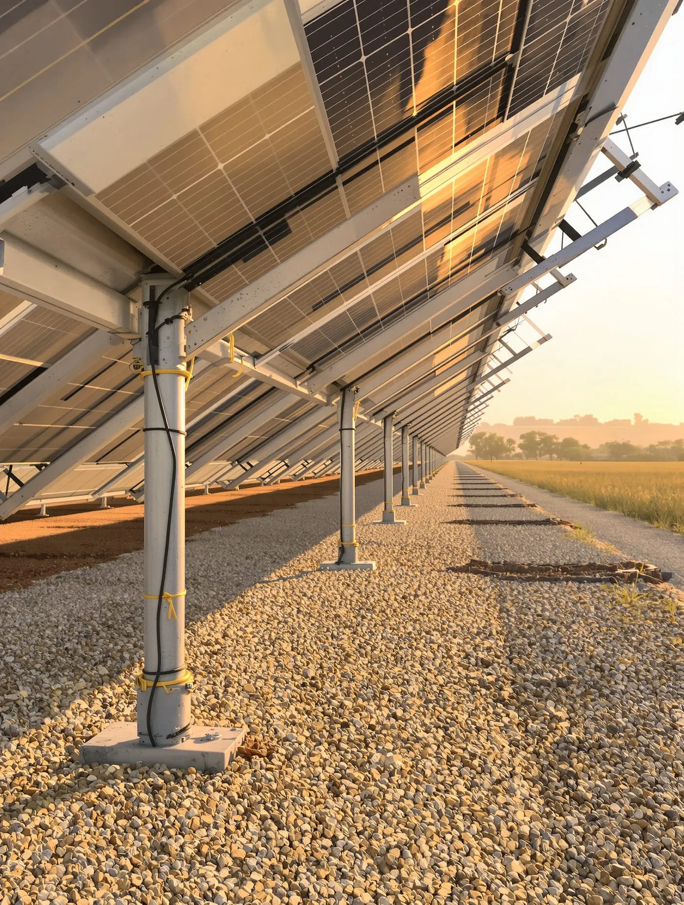 Illustrative image: a row of ground-mounted solar panels on steel structures at golden hour