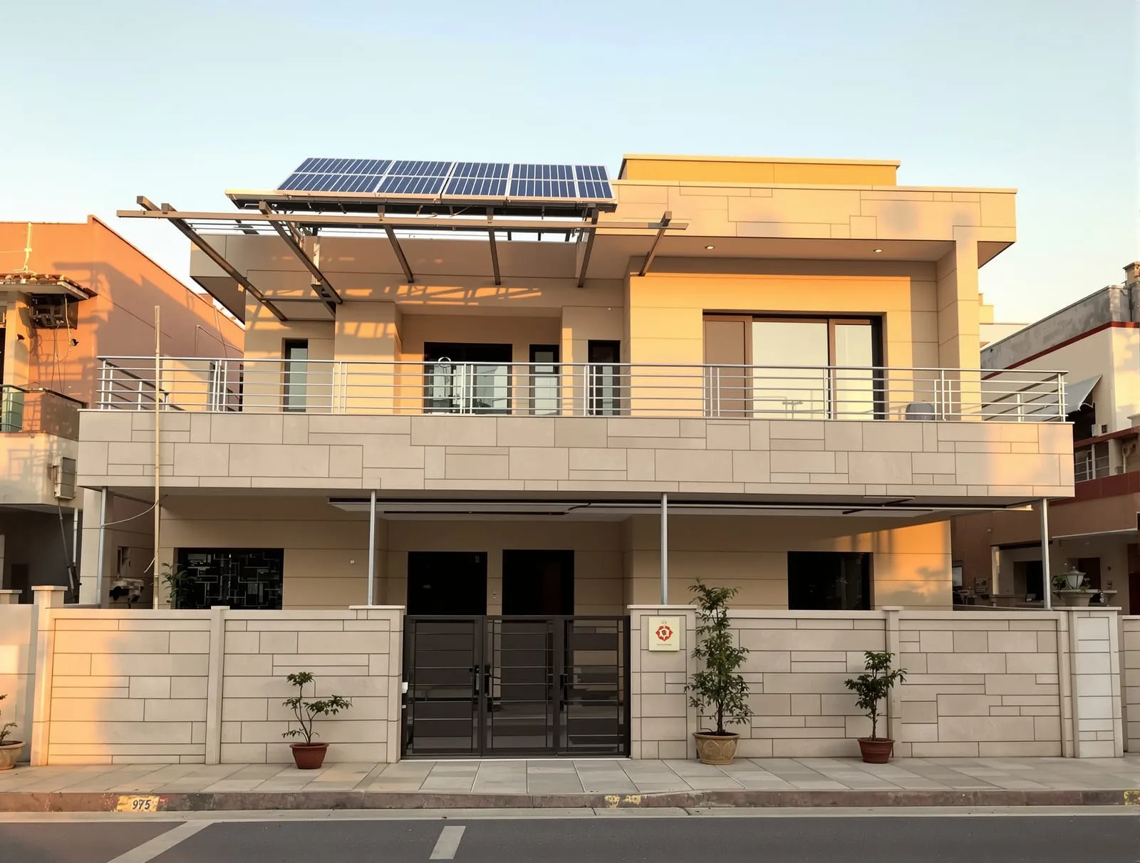 Illustrative image: a two-storey house with rooftop solar panels